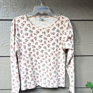 Eddie Bauer Cream Floral Cropped Thermal Top Large